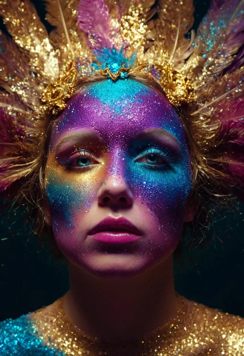 This image is a vibrant, surreal digital artwork featuring a woman's face and head, rendered in a highly stylized, fantastical manner. The woman's face is adorned with a glittering, iridescent material that catches the light, creating a dazzling display of colors. Her face is covered in glittering particles that shimmer with hues of blue, pink, purple, and gold, giving her an ethereal, almost celestial appearance.
Her eyes are open, and her lips are painted a bright, glossy pink, enhancing the otherworldly effect. Her head is topped with an elaborate, ornate headdress composed of feathers, predominantly in shades of blue and teal, which blend seamlessly into the glitter on her face, creating a cohesive, surreal look.
The background is a deep, solid black, which makes the glitter and feathers stand out even more vividly. The image has a dreamy, almost futuristic aesthetic, with a strong emphasis on texture and color. The glitter on her face and the feathers on her head are depicted as if they're made of the same material, creating a sense of fluidity and interconnectedness.
The overall style is highly artistic and fantastical, blending elements of surrealism, fantasy, and digital art, evoking a sense of wonder and otherworldliness.