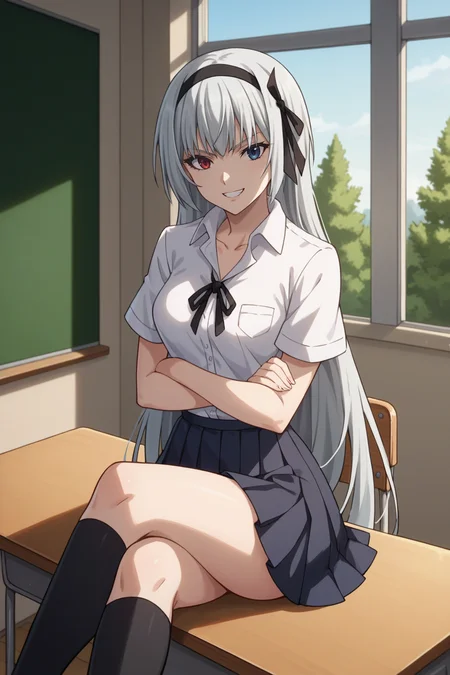 score_9, score_8_up, score_7_up, source_anime, 1girl, prefect lighting, very aesthetic, intricate details, highly detailed background, masterpiece, high quality, prefect hands, best quality, solo,
<lora:Luminous_Valentine_Tensura_V2:.85>, KJOluminous, white hair, heterochromia, red eyes, blue eyes, long hair, head band,
school uniform, blue pleated skirt, kneehighs,
sitting, sitting on desk, crossed legs, crossed arms, evil grin,
School, classroom, window, sunny, tree,
(Beautiful, medium Breasts:1.2), natural breasts,