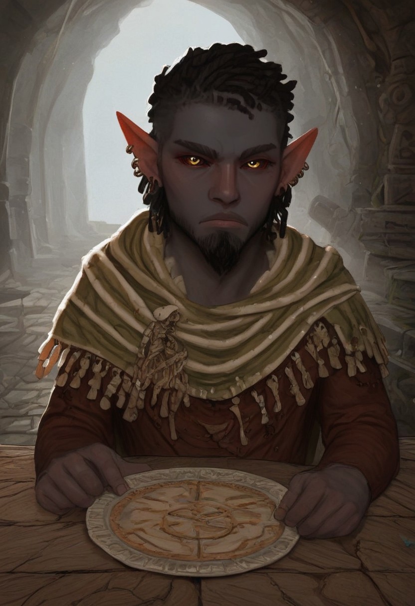 solo, short pointy ears, piercings, random elf face, aquiline features, male dark elf, masculine, long beard, weathered skin, large nose, athletic build,  animated realism, zoomed out, Syrian features, torso, brass pipes and gears, intricate architecture, dwarven masonry, dwemer fixtures, white-green light, gloomy lighting, ancient ruins, interior, stone tiled floor, grey-blue skin, mahogany and ivory clothes, medium armor, bone plate armor, ivory straps and fittings, alien bone ornaments, grey wood neckguard, dark red sclera, black pupils, distant mushroom forest, blue-green light, neon, highly detailed, defined features, looking at viewer, three quarters view, from front, dynamic lighting, 21 years old, light and shadows, patterned cloth, annoyed expression, expressive eyes, detailed medieval clothes, short hair, wavy hair, thick hair, beaded hair, braided hair, under cut hair, semirealistic, alien elf, spanish features, jewish features, black hair, dark red hair, umber skin, sharp features, pastel green berber print cloak, nighttime, high detail, absurdres, pretty eyes, detailed eyes, yellow eyes,