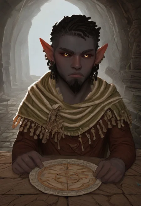 solo, short pointy ears, piercings, random elf face, aquiline features, male dark elf, masculine, long beard, weathered skin, large nose, athletic build, animated realism, zoomed out, Syrian features, torso, brass pipes and gears, intricate architecture, dwarven masonry, dwemer fixtures, white-green light, gloomy lighting, ancient ruins, interior, stone tiled floor, grey-blue skin, mahogany and ivory clothes, medium armor, bone plate armor, ivory straps and fittings, alien bone ornaments, grey wood neckguard, dark red sclera, black pupils, distant mushroom forest, blue-green light, neon, highly detailed, defined features, looking at viewer, three quarters view, from front, dynamic lighting, 21 years old, light and shadows, patterned cloth, annoyed expression, expressive eyes, detailed medieval clothes, short hair, wavy hair, thick hair, beaded hair, braided hair, under cut hair, semirealistic, alien elf, spanish features, jewish features, black hair, dark red hair, umber skin, sharp features, pastel green berber print cloak, nighttime, high detail, absurdres, pretty eyes, detailed eyes, yellow eyes,