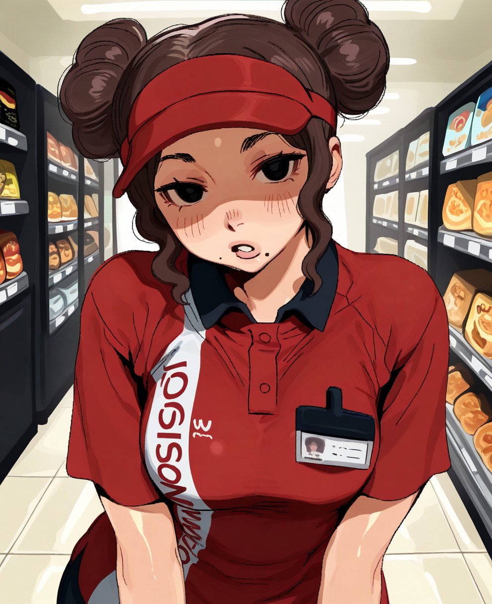 <lora:whoopsatro-koto-illustrious 3:1> whoopsatro,,
(masterpiece), (best quality), (ultra-detailed), amazing quality, very aesthetic, illustration, perfect composition, intricate details, absurdres, incredibly absurdres, shiny skin, realistic,
 <lora:boss:1>, boss_(gats), hair bun, double bun, mole under mouth, visor cap,brown hair, employee uniform,  black eyes, red_shirt, looking at viewer,