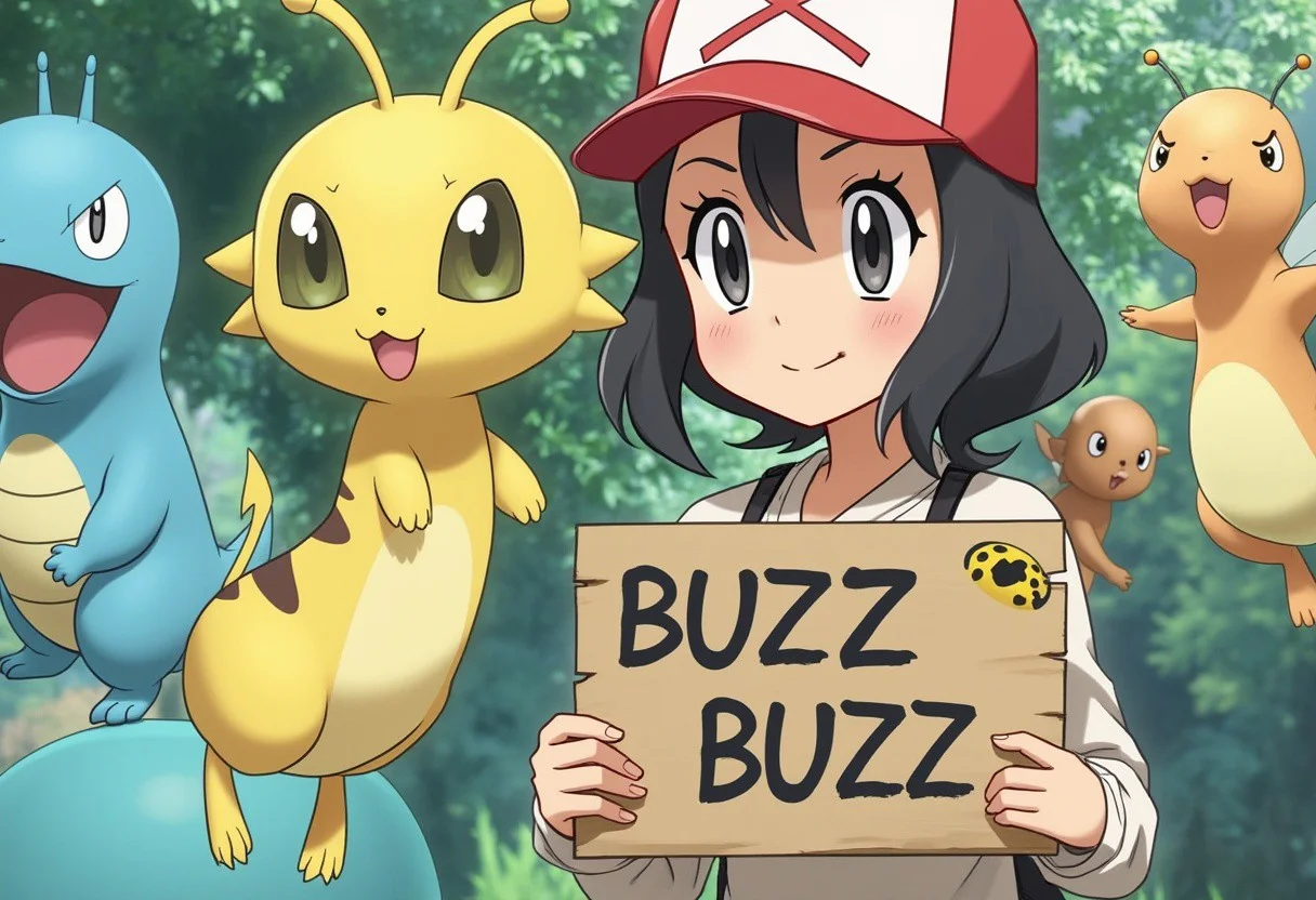 girl from pokemon series holding sign it say BUZZ BUZZ BUZZ" ,