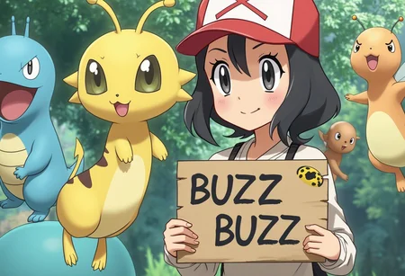 girl from pokemon series holding sign it say BUZZ BUZZ BUZZ" ,