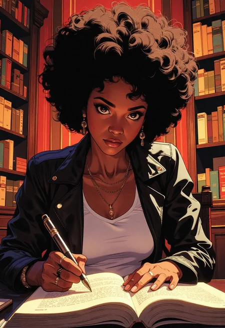 Wide angle shot of a black mature woman in curly afro hairdo sitting at a table, ready to sign the title page of the book in front of her with a fountain pen. She is wearing a black leather jacket, a white tank top T-shirt. Behind her is a bookcase full of books with colorful spines. Dramatic lighting captures fine details in furniture design, intricate clothing folds, and the opulent state of the location. anime style, vibrant colors, cinematic shot, soft lighting, a reddish light pervades the room.