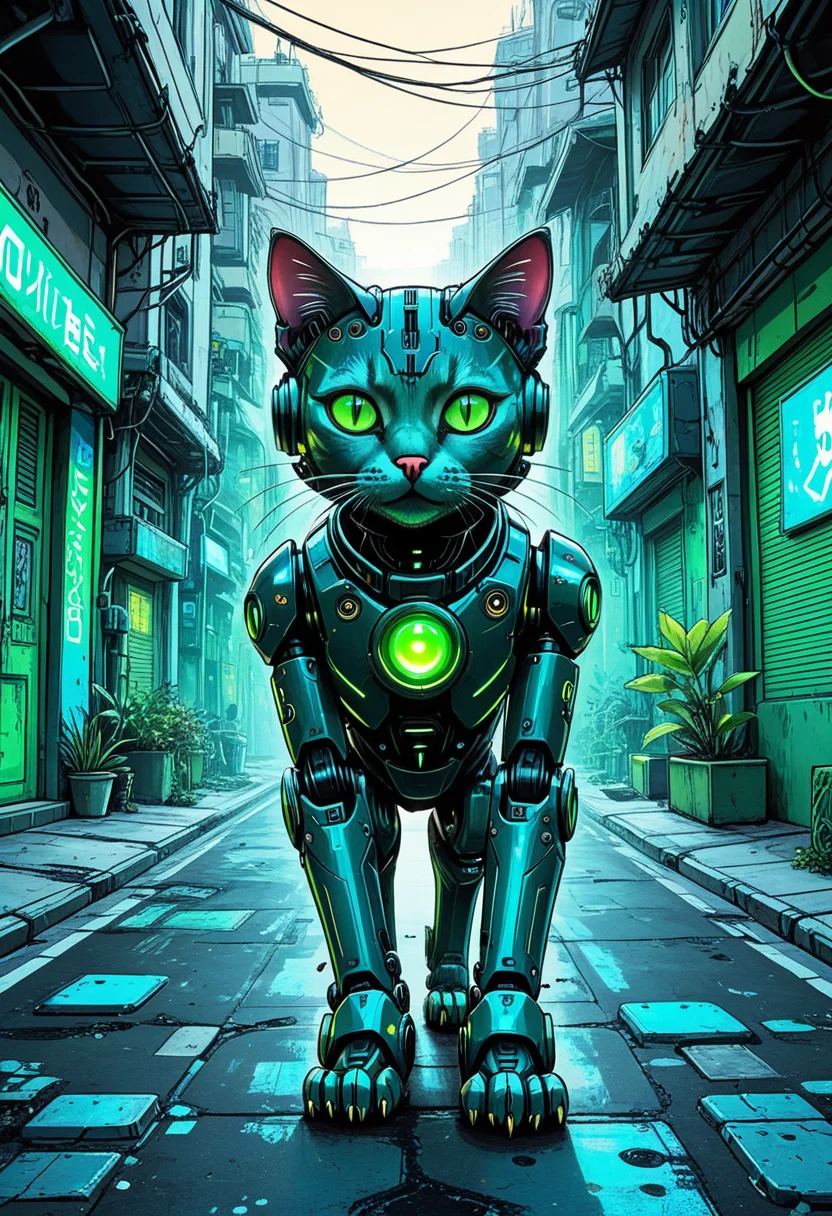 Ink Paint artwork illustration of a cat on a street in a cyberpunk world with robotic elements and implants, colorful, vibrant, masterpiece, green and blue theme, mobe-cybideen,