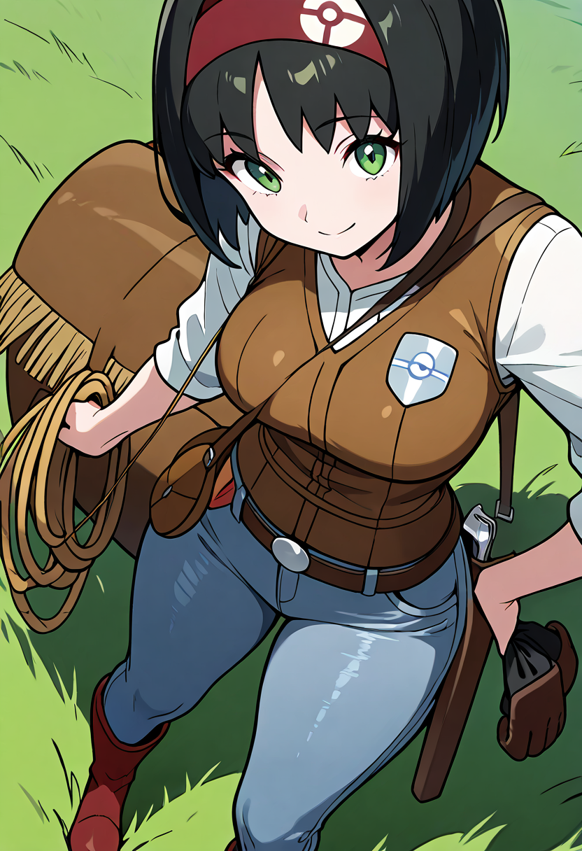 masterpiece, best quality,  curvy, beautiful eyes, narrow waist, wide hips, smile, looking at viewer, dynamic angle, foreshortening, close up,     zzErika, erika (pokemon), green eyes, short hair, black hair, red hairband,    <lora:ErikaPokemon_IXL:1.0>  [Prairie Ranch Deputy], star-shaped deputy badge, suede jacket with fringe, button-up plaid shirt, leather vest, boot-cut jeans, leather belt with buckle, lasso holstered at hip, worn riding gloves, spurred boots, stitched saddlebag, wild prairie field, vigilant stance,