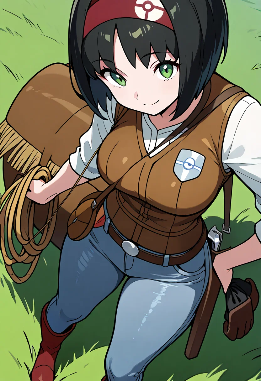 masterpiece, best quality,  curvy, beautiful eyes, narrow waist, wide hips, smile, looking at viewer, dynamic angle, foreshortening, close up,     zzErika, erika (pokemon), green eyes, short hair, black hair, red hairband,    <lora:ErikaPokemon_IXL:1.0>  [Prairie Ranch Deputy], star-shaped deputy badge, suede jacket with fringe, button-up plaid shirt, leather vest, boot-cut jeans, leather belt with buckle, lasso holstered at hip, worn riding gloves, spurred boots, stitched saddlebag, wild prairie field, vigilant stance,