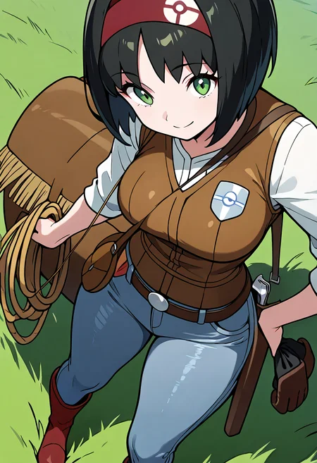 masterpiece, best quality,  curvy, beautiful eyes, narrow waist, wide hips, smile, looking at viewer, dynamic angle, foreshortening, close up,     zzErika, erika (pokemon), green eyes, short hair, black hair, red hairband,    <lora:ErikaPokemon_IXL:1.0>  [Prairie Ranch Deputy], star-shaped deputy badge, suede jacket with fringe, button-up plaid shirt, leather vest, boot-cut jeans, leather belt with buckle, lasso holstered at hip, worn riding gloves, spurred boots, stitched saddlebag, wild prairie field, vigilant stance,