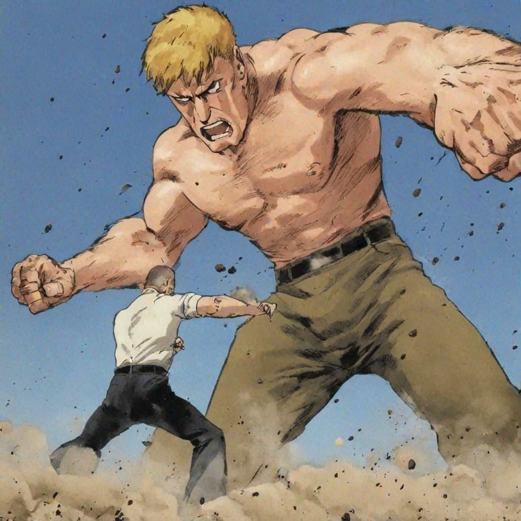man punching giant, unarmed, action shot