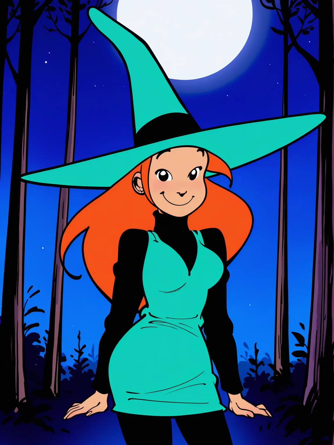 1girl, melusine, long hair, orange hair, witch hat, dress, turtleneck, pantyhose, <lora:Melusine_r2:1>, cowboy shot, looking at viewer, smile, forest, night sky, full moon