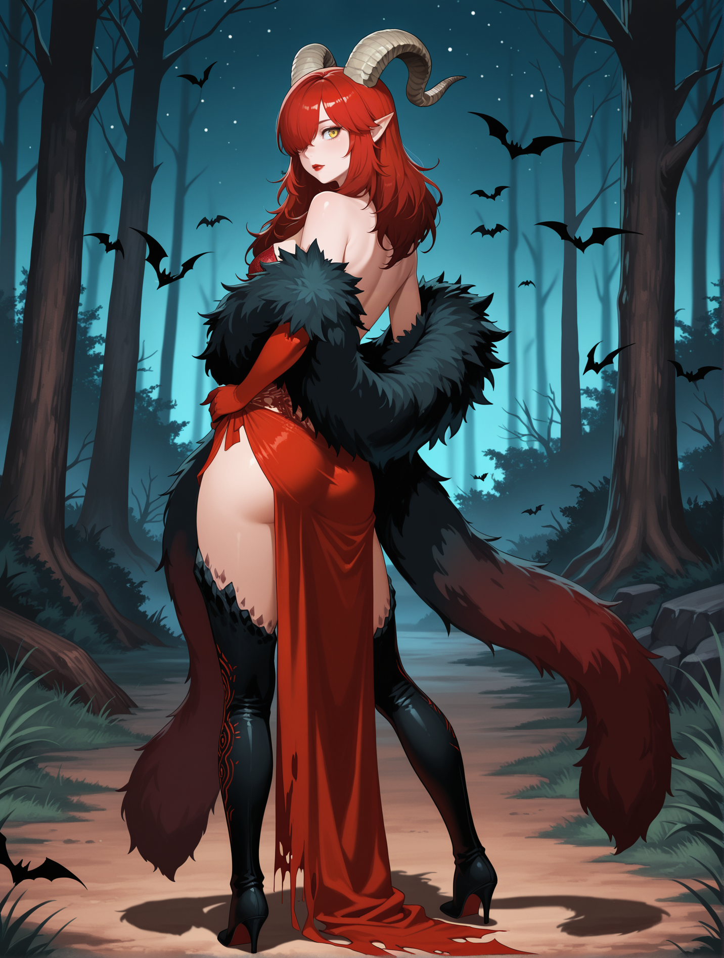 1girl, demonlord, black thigh boots, red elbow gloves, solo, long hair, black hair, pointy ears, red hair, hand on hip, hair over one eye, full body, bat \(animal\), yellow eyes, red lips, standing, black fur trim, white demon horns, red strapless dress, looking back, forest, shadow, night sky, 
masterpiece,best quality,amazing quality,very aesthetic,absurdres,newest,<lora:Demonlord Armor illusXL v1.1:0.7>,