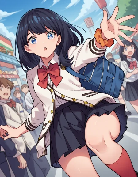 score_9, score_8_up, score_7_up, source_anime, <lora:rikka-takarada-s1-ponyxl-lora-nochekaiser:1>, rikka takarada, black hair, blue eyes, long hair, orange scrunchie, scrunchie, wrist scrunchie, black footwear, black skirt, bow, bowtie, buttons, cardigan, collared shirt, long sleeves, microskirt, pleated skirt, red bow, red bowtie, red socks, school uniform, shirt, shoes, skirt, socks, thighs, white cardigan, white shirt,, street market, vendor, street food, bustling crowd, local flavor, vibrant, , looking at viewer, hand reaching forward, knee up, arm down, solo,, cowboy shot, dutch angle