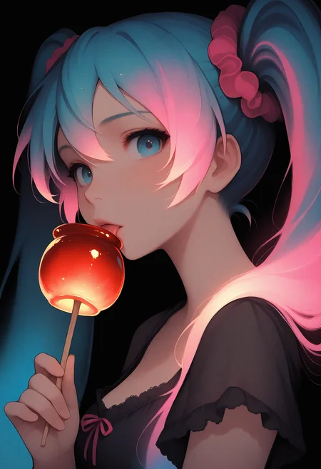 masterpiece, best quality, very aesthetic, hatsune miku, pink hair scrunchie, (licking:0.8), black nightgown, frills, short sleeves, holding candy apple, glowing candy apple, black background, colorful, glowing hair, looking at viewer, portrait, from side