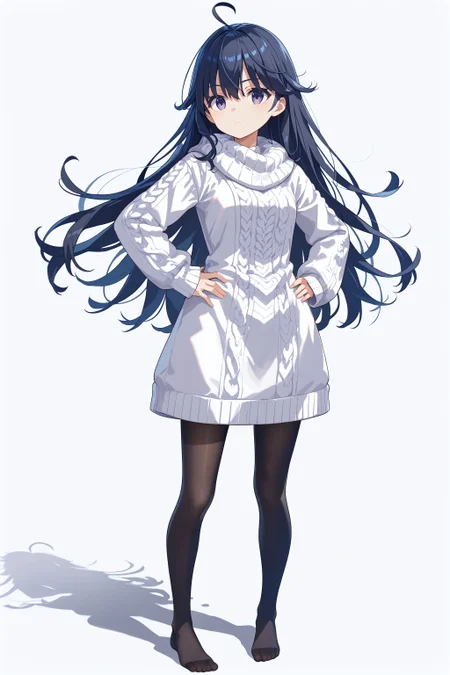 score_max, (score_9, score_8_up, score_7_up:1.2), score_6_up, official art, source_anime,
, masterpiece, absurdres, high detail, 8k,
white background, blue sky, horizon, full body,
standing, hands on hips,
2d, kamisaman, ahoge, black hair, long hair, aran sweater, cable knit, long sleeves, white sweater, sweater dress, black pantyhose, no shoes,
<lora:XL_Pony_MGCM-kamisaman-t1:1.1>