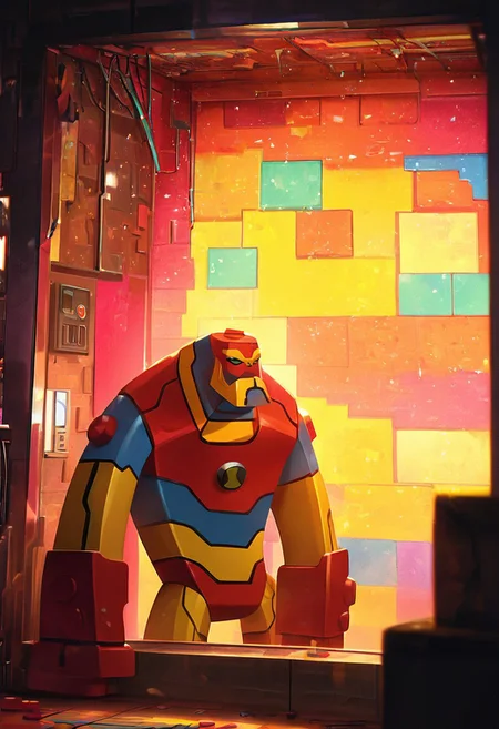 masterpiece, best quality, amazing quality, very aesthetic, absurdres, newest,, detailed background, 
 movie scene, cinematic scene, cinematic, 
bloxx, robot, mecha, solo, armor, green eyes,, massive arms, upper body, , big head, massive head, short legs, 
lego house, colorful walls, colorful bricks, everything made from lego, made from lego, inside house, lego bricks,