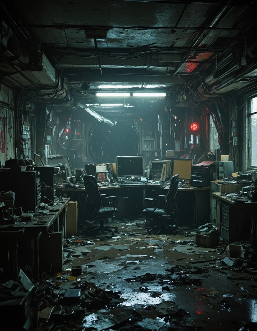 <lora:SWL_Stations1v2flux:1> loststsp, in space, indoors, abandoned, office, wet, lights, dirty, messy, collapsed, station, wires, red lights, window,