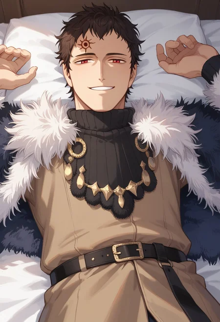 score_9, score_8_up, score_7_up, lucius zogratis, messy short hair, smug smile, forehead mark, furry robe, straps, fur cape, fur mantle, middle body,laying, bed, ((solo)), red eyes, smug smile, adult man. on his 40s, dark brown robe, black straps, black fur cape, white fur mantle, manga