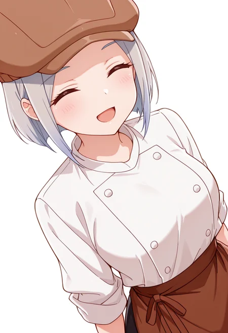 masterpiece,high quality details,absurdres,
<lora:Nishidera_Nene:0.8>
nene_cnr, 1girl, grey hair, short hair,
nene_s2,cabbie hat, white shirt,brown waist apron, brown skirt,sleeves rolled up,black pants, buttons,, simple background, white background, from above,solo,, \(^o^)/,