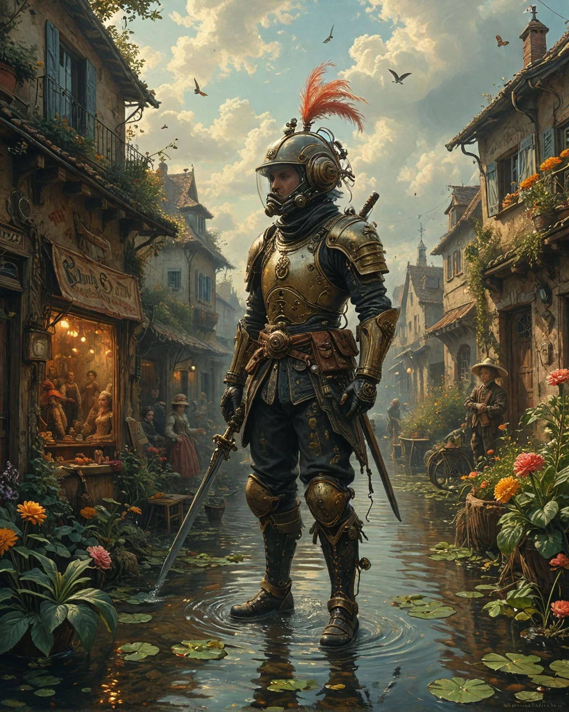 profile silhouette against vivid sunset of (corporate samurai with stock ticker helmet HUD kicking off wall for aerial plunging attack use water_elemental:1.2) in front of Jan van Goyen (Dutch Golden Age), Rapeseed fields under overcast sky, nightingale song in thicket, peat cutter's tool shed, otter sliding into stream,
wearing nanotech swarmsuit with adaptive camouflage made of blackhole-event-horizon satin with retractable wrist-mounted energy blades,
dieselpunk propaganda poster in the style of james jean, aurora borealis curtain shimmer, insect chitin iridescence,
phantom limb transparency, nomad, dune-rippled, caravan-trailed, hierarchical scale (giant vs miniature), artstation, trending on artstation, highly detailed fantasy art, stocking, intricate, elegant, highly detailed, centered, digital painting, concept art, smooth, sharp focus,
<lora:tbh124-sdxl:0.15> style of Jean-Antoine Watteau,
<lora:tbh129-sdxl:0.15> style of Michael Cheval,
<lora:Sinozick:0.15>,
<lora:add-detail-xl:0.7>,
<lora:aidmaMJ6.1_v0.5_2:0.3> aidmamj6.1,
<lora:Flux-XL_Scenery:0.15> flux-scenery,
<lora:Flux-style-xl-lora:0.15> flux-style,
<lora:1dkXLP:0.15> 1dk,
<lora:extremely_detailed:0.8> extremely detailed ,
<lora:tbh76-sdxl:0.05> Style of Mark Ryden,
<lora:tbh124-sdxl:0.15> style of Jean-Antoine Watteau,
<lora:tbh129-sdxl:0.15> style of Michael Cheval,
<lora:Sinozick:0.15>,
<lora:add-detail-xl:0.7>,
<lora:aidmaMJ6.1_v0.5_2:0.3> aidmamj6.1,
<lora:Flux-XL_Scenery:0.15> flux-scenery,
<lora:Flux-style-xl-lora:0.15> flux-style,
<lora:1dkXLP:0.15> 1dk,
<lora:extremely_detailed:0.8> extremely detailed ,
<lora:tbh76-sdxl:0.1> Style of Mark Ryden,, Cyberpunk art style, futuristic cityscapes, neon-lit streets, high-tech and low-life, cybernetic enhancements, dystopian and gritty atmosphere