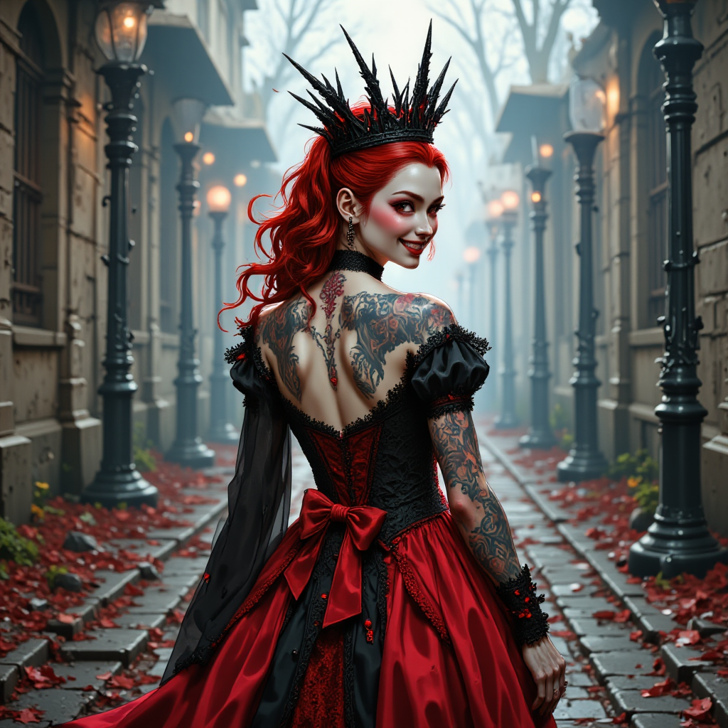 AliceInUnderland,  Red Queen, pale porcelainlike face, black and crimson hair, lips painted a deep bloodred, sharp jagged spires of her black crown, crimson and black gothic style gown, Back view of the Red Queen walking away, slightly turning her head over   her shoulder, smirking. Her black lace top exposes shoulder blades beneath   intricate tattoos resembling thorns. Skirt flares out, caught mid-movement.   Crimson bows accent her gothic boots. Neutral fog gradient backdrop. Stylized   like a Japanese street fashion photoshoot with a demonic twist.