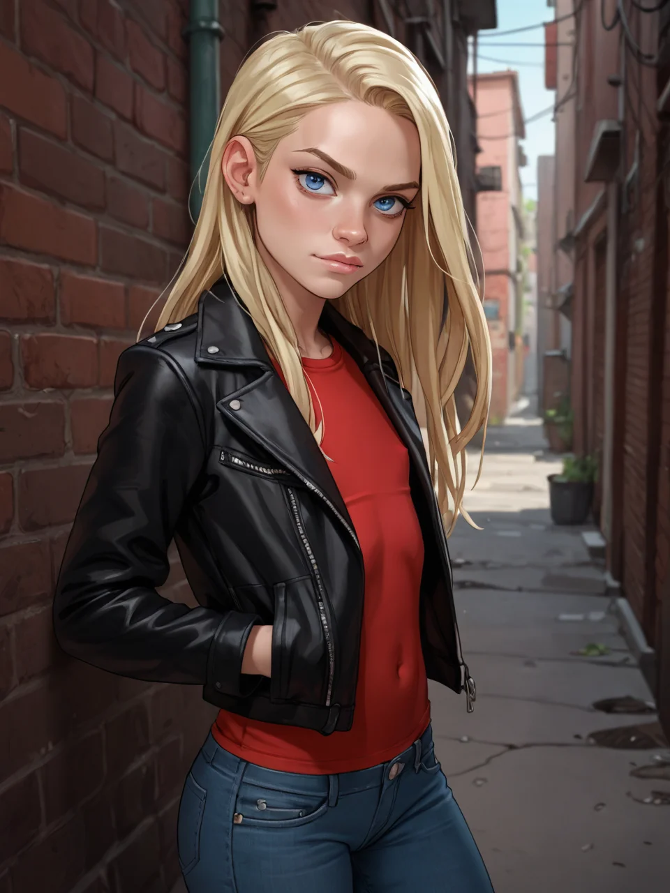 score_9, score_8_up, score_7_up, score_6_up, BREAK, LilLily, Andystyle, 1girl, long hair, female, blue eyes, blonde hair, flat chest, solo, red shirt, black jacket, leather jacket, jeans, alley, looking at viewer, <lora:LilLily:1>