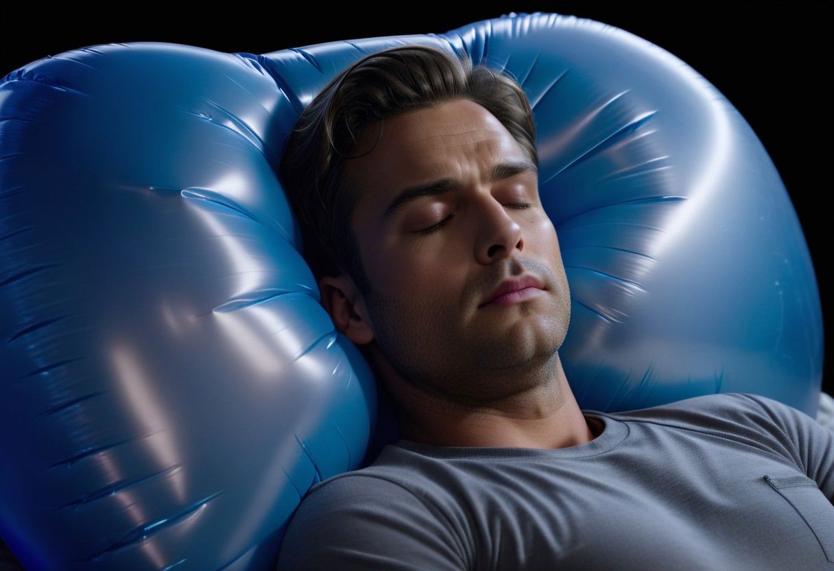 uhd, 8k, ultra detailed, 1man, lying down to sleep, InflatableAirbag, darker, lights off