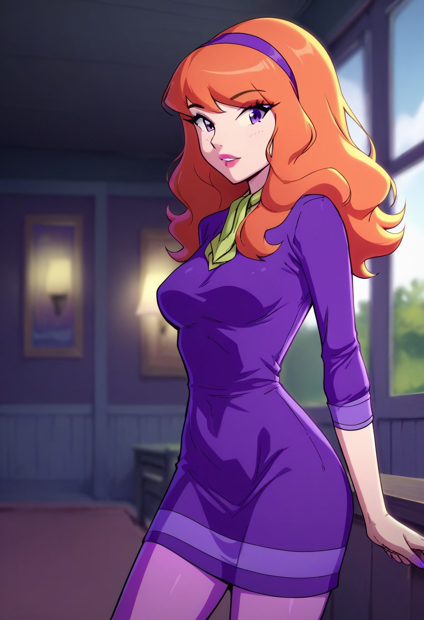 score_9,score_8_up,score_7_up,score_6_up,blurry, blurry background,1girl,daphne,purple eyes,long hair,orange hair,medium breasts,dress,purple dress,pantyhose,purple pantyhose,purple hairband,makeup,purple footwear,sexy thighs,upper body,volumetric light,standing,posing,friendly,indoors,living room,cowboy shot,dutch angle