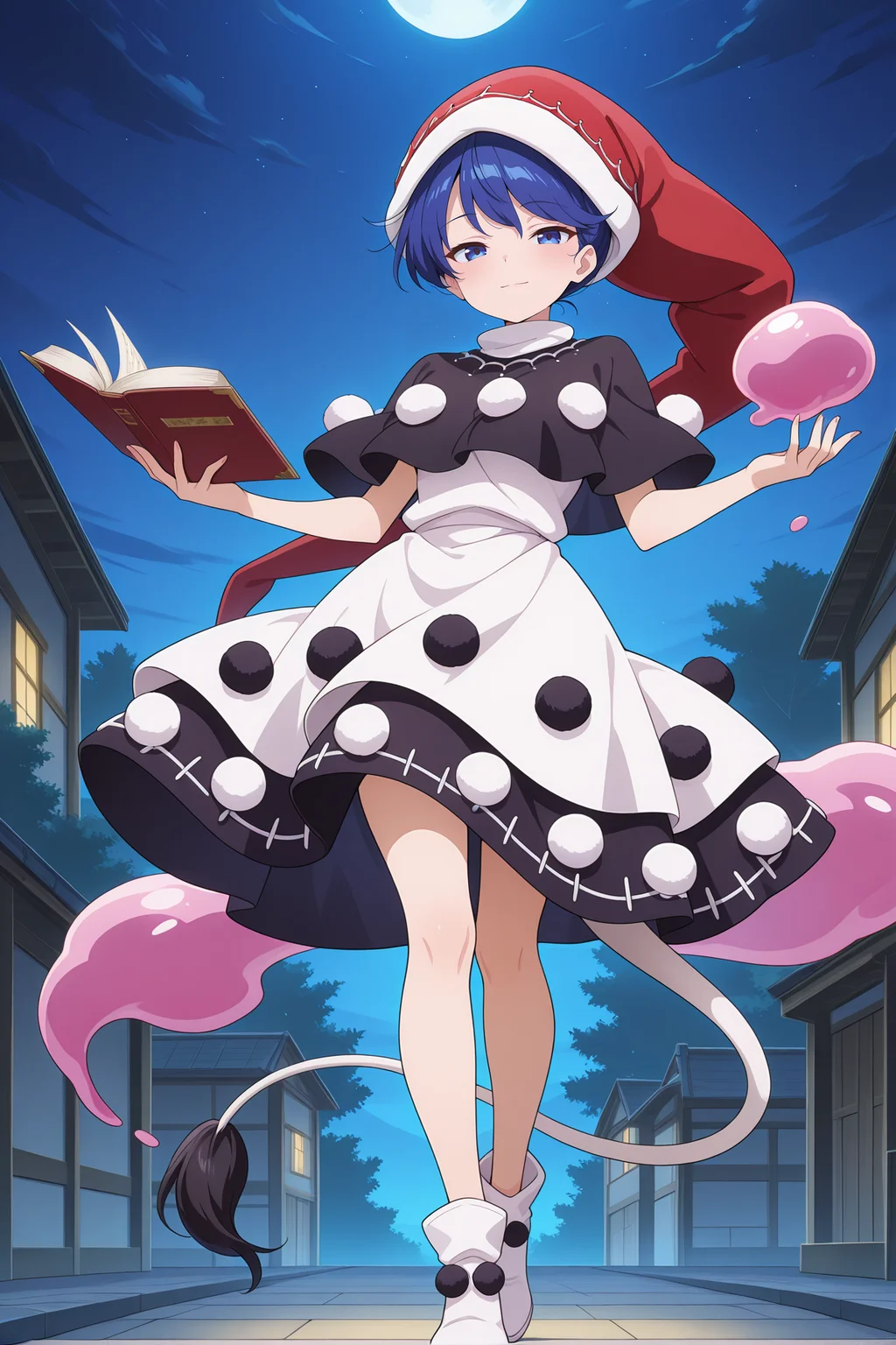absurdres, highres, masterpiece, best quality, amazing quality, official anime artwork, screencap, anime screencap, outdoors, looking at viewer, light smile, dynamic pose, night, 
 <lora:Doremy-Sweet_Illustrious:1> doremy sweet, 1girl, solo, blue eyes, blue hair, short hair, tapir tail,, black capelet, white dress, nightcap, red hat, pom pom \(clothes\), white footwear, holding book, dream soul,
