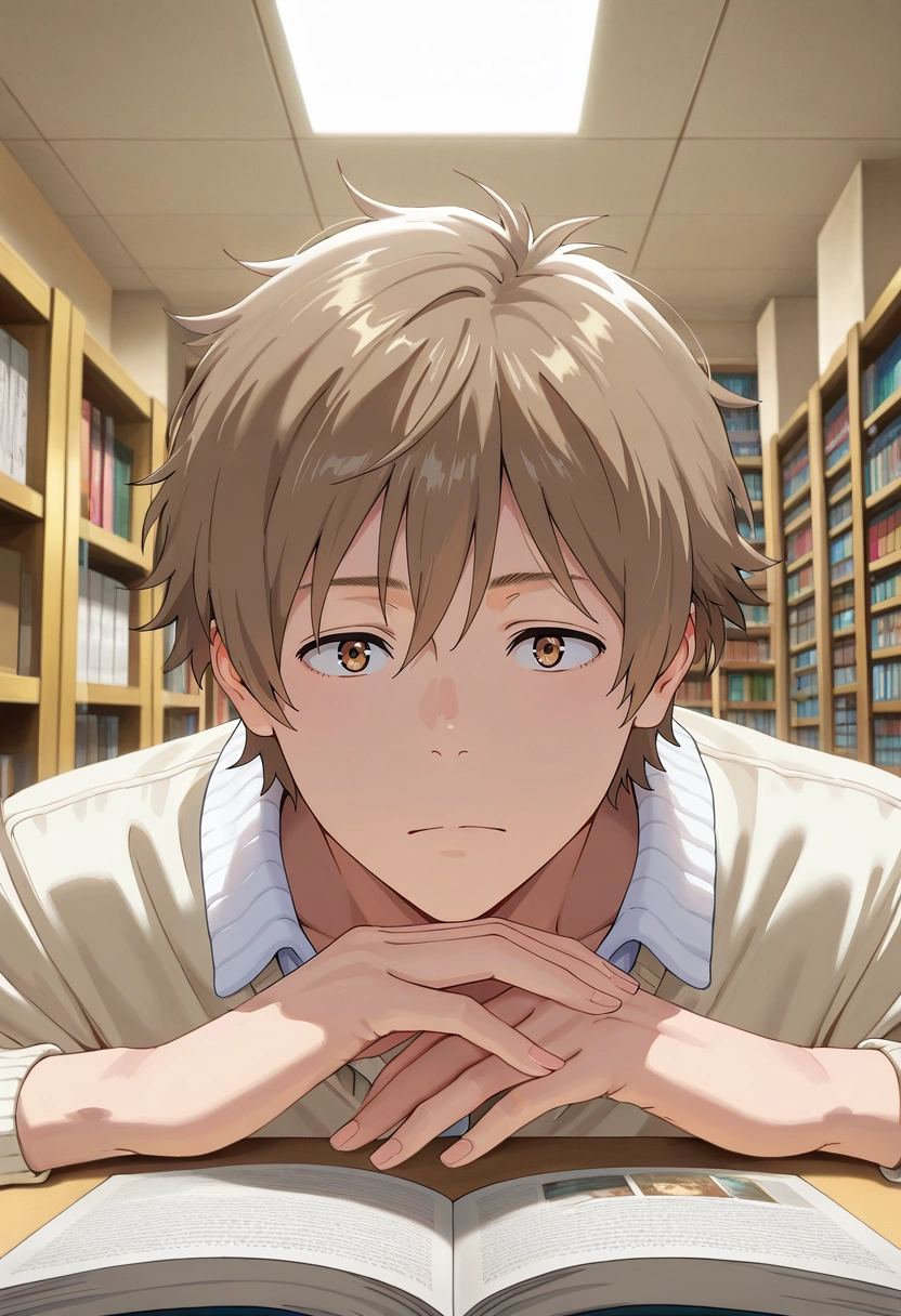 masterpiece, best quality, intricate details, (photorealistic:0.6), looking at viewer, 1boy, solo, male focus, <lora:shun_hashimoto_ilxl:0.96>, shun_hashimoto, brown hair, brown eyes, short hair, desert library, sand shelves, sun reading rooms, study areas, reading pose, absorbed expression, afternoon, toga costume