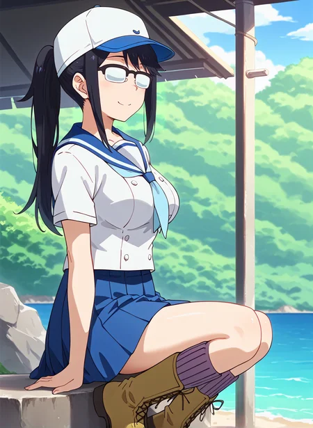 score_9,score_8_up,score_7_up,source_anime,anime,nsfw,rating_explicit,uncensored,High quality,Ultra detailed,best quality,insanely detailed,beautiful,masterpiece,perfect lighting BREAK
<lora:ono_makoto_V1:1>,(ono_makoto, black hair, long hair,medium breasts, opaque glasses,summer uniform,sailor collar,neckerchief, white shirt,short sleeves, blue skirt, pleated skirt, socks,boots),1girl,solo,smirk,posing,outdoors,embankment,sea,looking_at_viewer,from_side,ponytail,baseball cap,