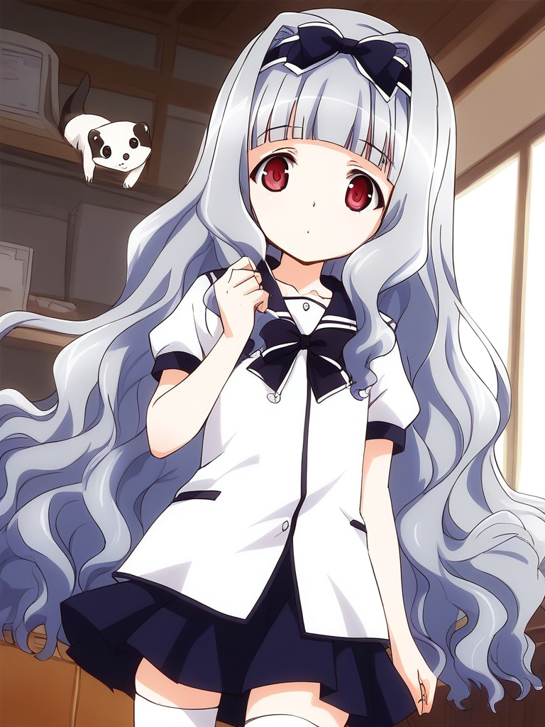 score_9, score_8_up, score_7_up, source_anime, rating_explicit, BREAK  <lora:Watayuki_Ver2.0_XL:1> Watayuki, hairband, very long hair, blue hair, grey hair, hair bow, purple eyes, red eyes, wavy hair, flat chest, blunt bangs,
school uniform, skirt, white thighhighs, bow, zettai ryouiki, ribbon, indoors, short sleeves, shirt, ã
ferret, animal,