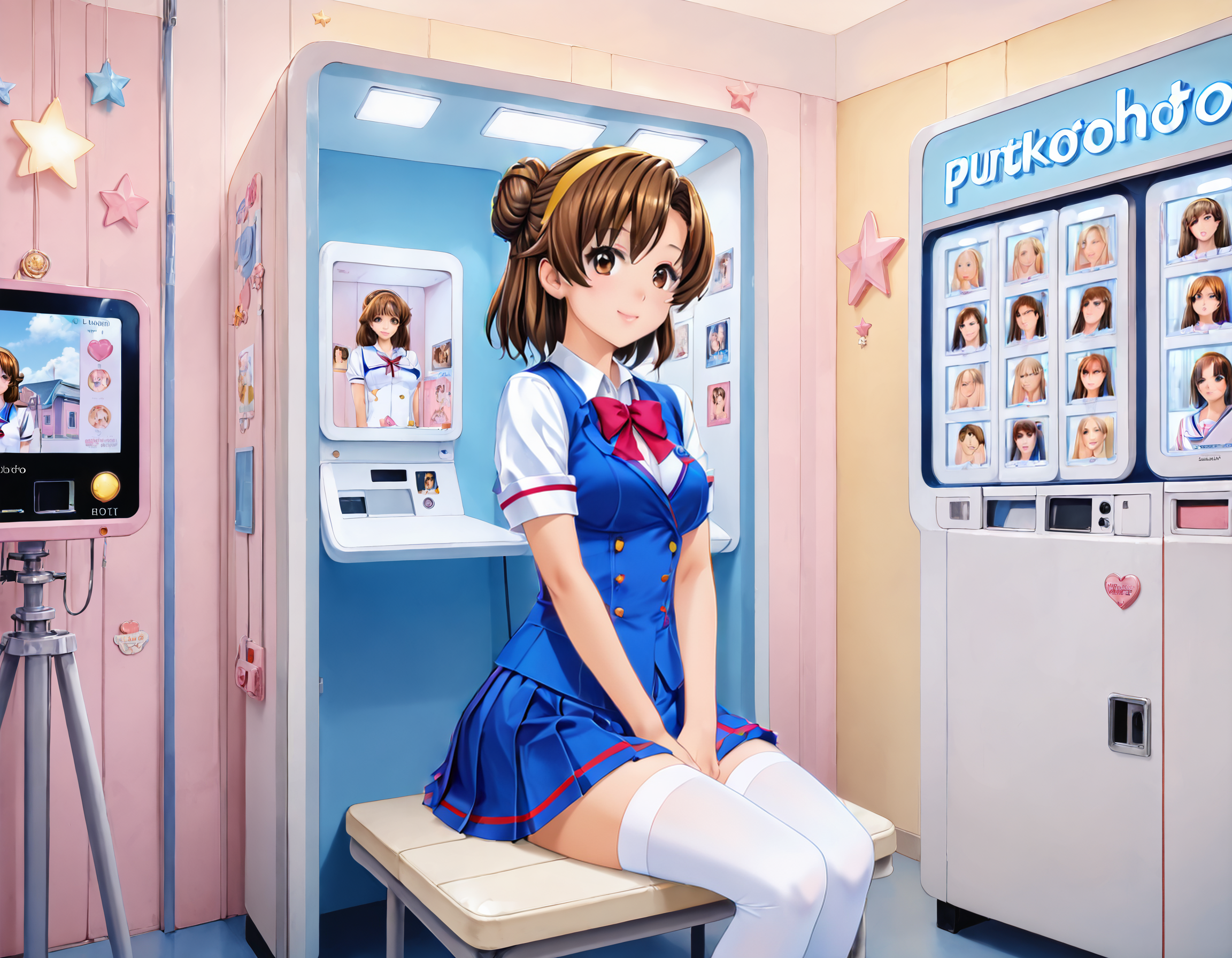 rating_explicit, score_9, score_8_up, score_7_up, score_6_up, score_5_up, score_4_up, best quality, masterpiece, uncensored, (ultra realistic, photorealistic, raw photo, absurdly high resolution, unity 8k wallpaper, official art, official style), highly detailed, source_anime, game cg, megami magazine, source_anime, solo, 1 girl, (, YuukoIshimoto, white thighhighs, hair bun, brown hair, school uniform, short hair, hairband, skirt), PhotoBooth, In photobooth, sitting, solo, 1 girl, (, YuukoIshimoto, white thighhighs, hair bun, brown hair, school uniform, short hair, hairband, skirt), PhotoBooth, In photobooth, sitting, cool colors, calm, sharp focus, beautiful, very coherent, cute, innocent, expressive, light, detailed background, gentle, loving