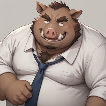 score_9,score_8_up, furry, 2d, illustrated, detail face, detail eyes, upper body, 
anthro boar daddy and boar fangs and boar ears and boar snout and brown fur and boar snout and boar ears and boar fangs and fat and chubby and obese and manly face and big belly and huge belly and thick thigs and thick chest and thick arms and thick eyebrows and narrow eyes, 
dirty smile, smirk, 
wearing business suit,