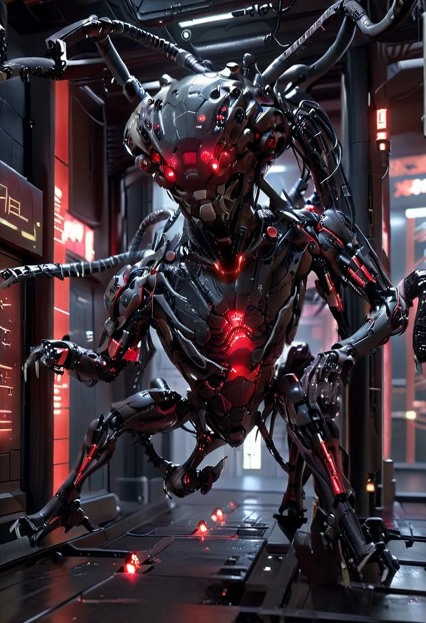 Breathtaking red armored cybernetic robot fighting against SentinelsMatrix1024, a spider robot, in the matrix, highly detailed, photography, ultra sharp, film, bokeh, professional, (nsgzz, "MAINTENANCE" (text), caps font, text, neon sign, white text, red theme, glow, in the background), dark futuristic, circuitboard