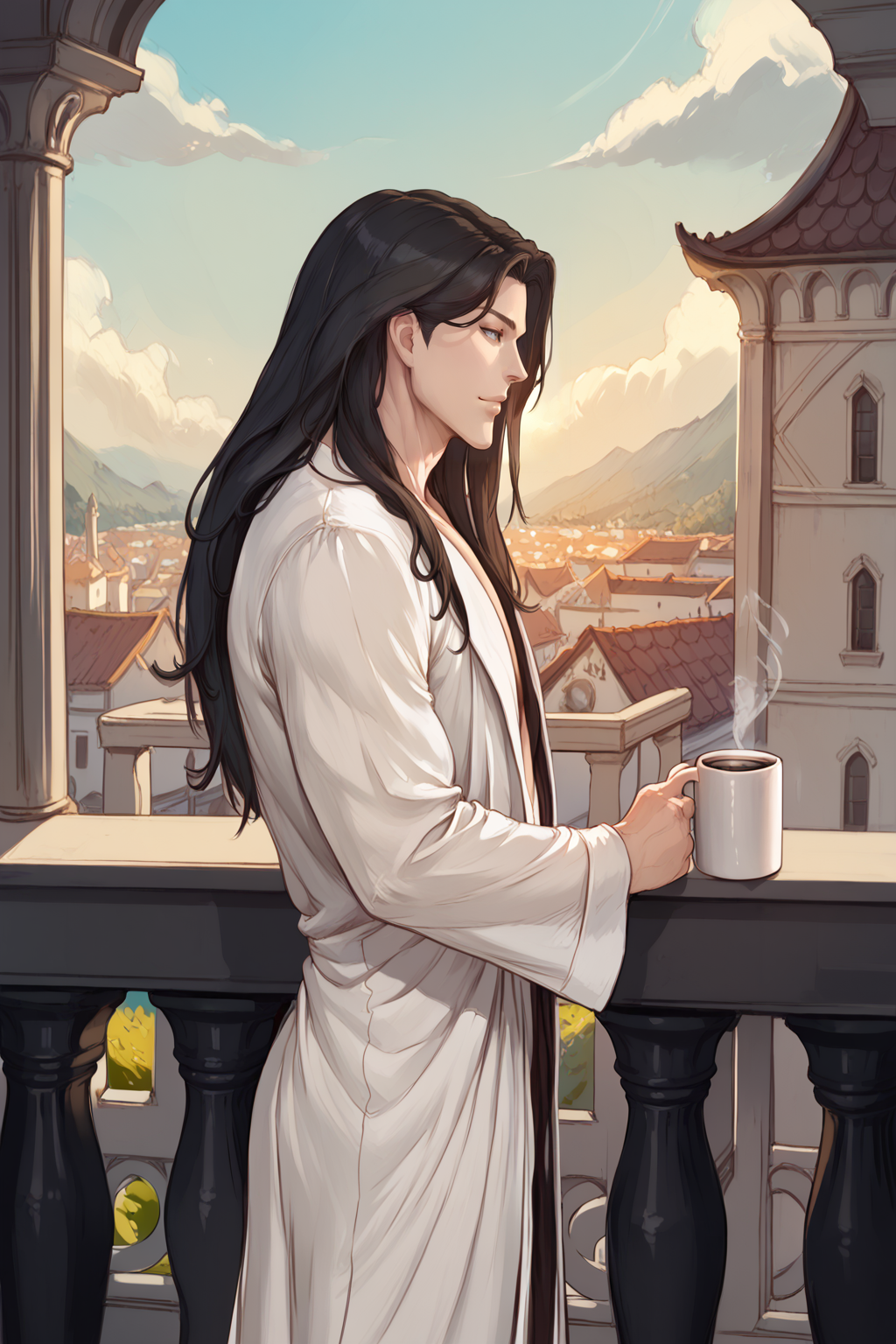 score_9, score_8_up, score_7_up, masterpiece, high quality, extreme detail, absurdres, (detailed skin texture) BREAK, 
<lora:Jin So-HanPonyLora:1>jin, long hair, 35 years old, man, dressing gown, balcony, holding mug of coffee, from side