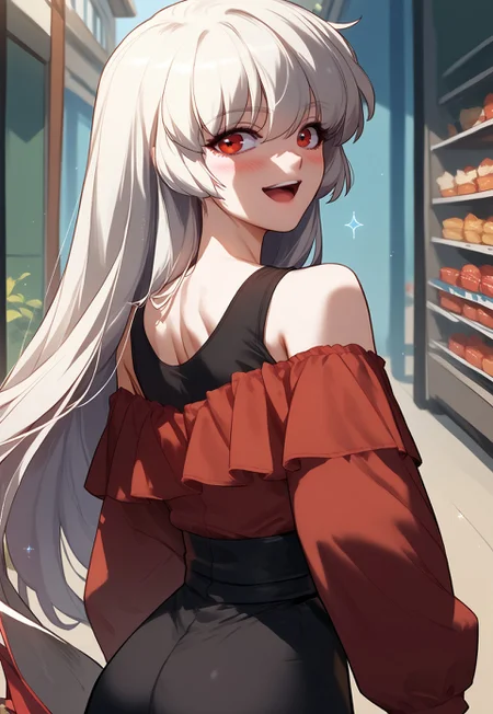 zPDXL3, score_9_up, score_8_up, score_7_up, Anime_source, 1girl, Alice, red eyes, white hair, long hair, Kid-Form, Shopping-spree clothes, black high waist, looking back, looking at viewer, open mouth, blush, happy