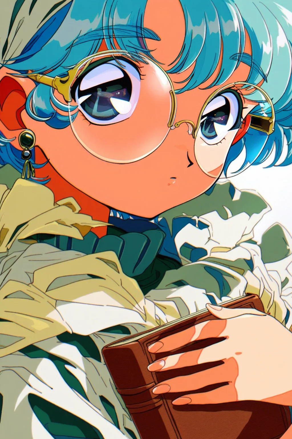90sfugu,1girl,solo,blue hair,glasses,short hair,looking at viewer,earrings,round eyewear,holdingbook,portrait,holding book,