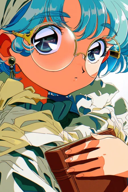 90sfugu,1girl,solo,blue hair,glasses,short hair,looking at viewer,earrings,round eyewear,holdingbook,portrait,holding book,