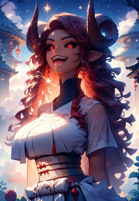 safe_pos, score_9, score_8_up, score_7_up, score_6_up, source_anime, full body shot, 1 girl, solo, mature female, pretty, beautiful, slim, curvy, shiny skin, (very long hair, white hair, curly ram horns, black_sclera, sharp teeth, dark skin, red eyes, vertical pupils, slit eyes), wearing a samurai kimino, wearing samurai kimono off upper body, bandaged chest, large breasts, wide hips, samurai sword in sheath, sheathed samurai sword hanging on waist, arms folded under chest, proud pose, high mountain, mystical Japanese castle, aesthetic, sakura trees, red moon, night sky, stars, blowing wind, scenic, semi-realism, vivid colors, 4k, ultra sharp, high-res, Expressiveh,