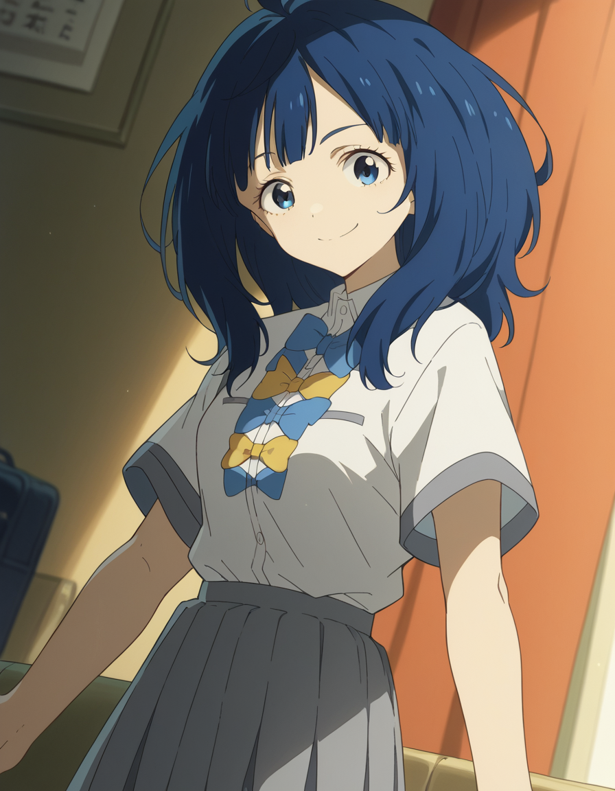 score_9, score_8_up, score_7_up, source_anime, <lora:anna-yanami-alpha-ponyxl-lora-nochekaiser:1>, anna yanami, medium hair, blue eyes, ahoge, blue hair, skirt, shirt, bow, school uniform, white shirt, short sleeves, pleated skirt, bowtie, yellow bow, grey skirt, yellow bowtie, blue bow, blue bowtie,, indoors, smile, looking at viewer, solo,, cowboy shot, dutch angle