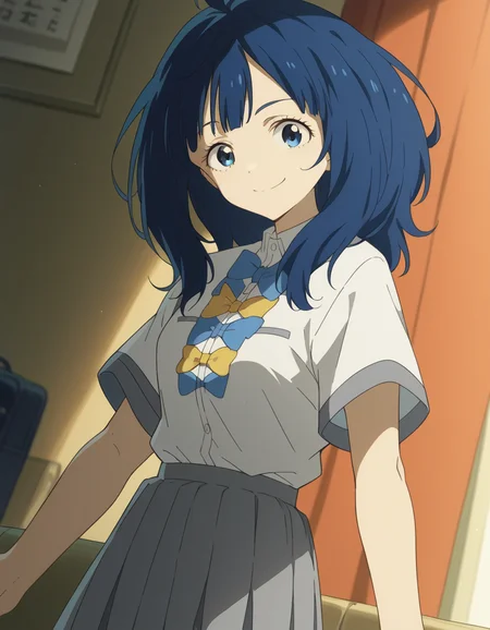 score_9, score_8_up, score_7_up, source_anime, <lora:anna-yanami-alpha-ponyxl-lora-nochekaiser:1>, anna yanami, medium hair, blue eyes, ahoge, blue hair, skirt, shirt, bow, school uniform, white shirt, short sleeves, pleated skirt, bowtie, yellow bow, grey skirt, yellow bowtie, blue bow, blue bowtie,, indoors, smile, looking at viewer, solo,, cowboy shot, dutch angle