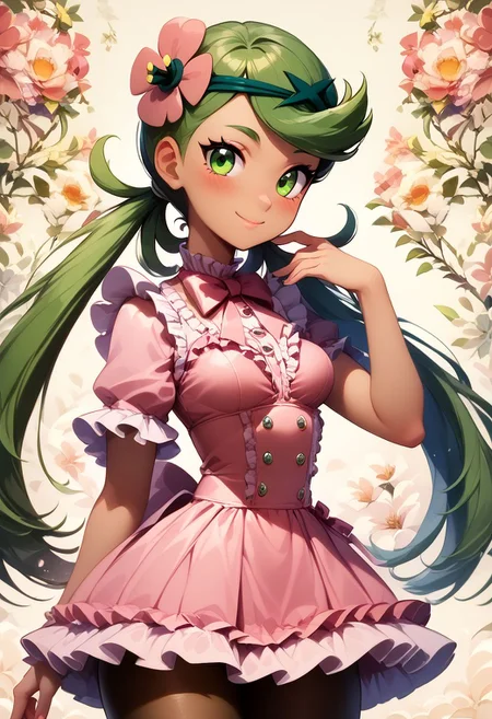 score_9, score_8_up, score_8, medium breasts, (curvy), cute, eyelashes,
BREAK,
zzMallow, green hair, green eyes, hair flower, hair ornament,
BREAK,
closed mouth, alternate costume, smile, nail polish, looking at viewer, hand up, blush,
zzLFashion, frilled dress, frills, bow, dress, pantyhose,
zPDXL,