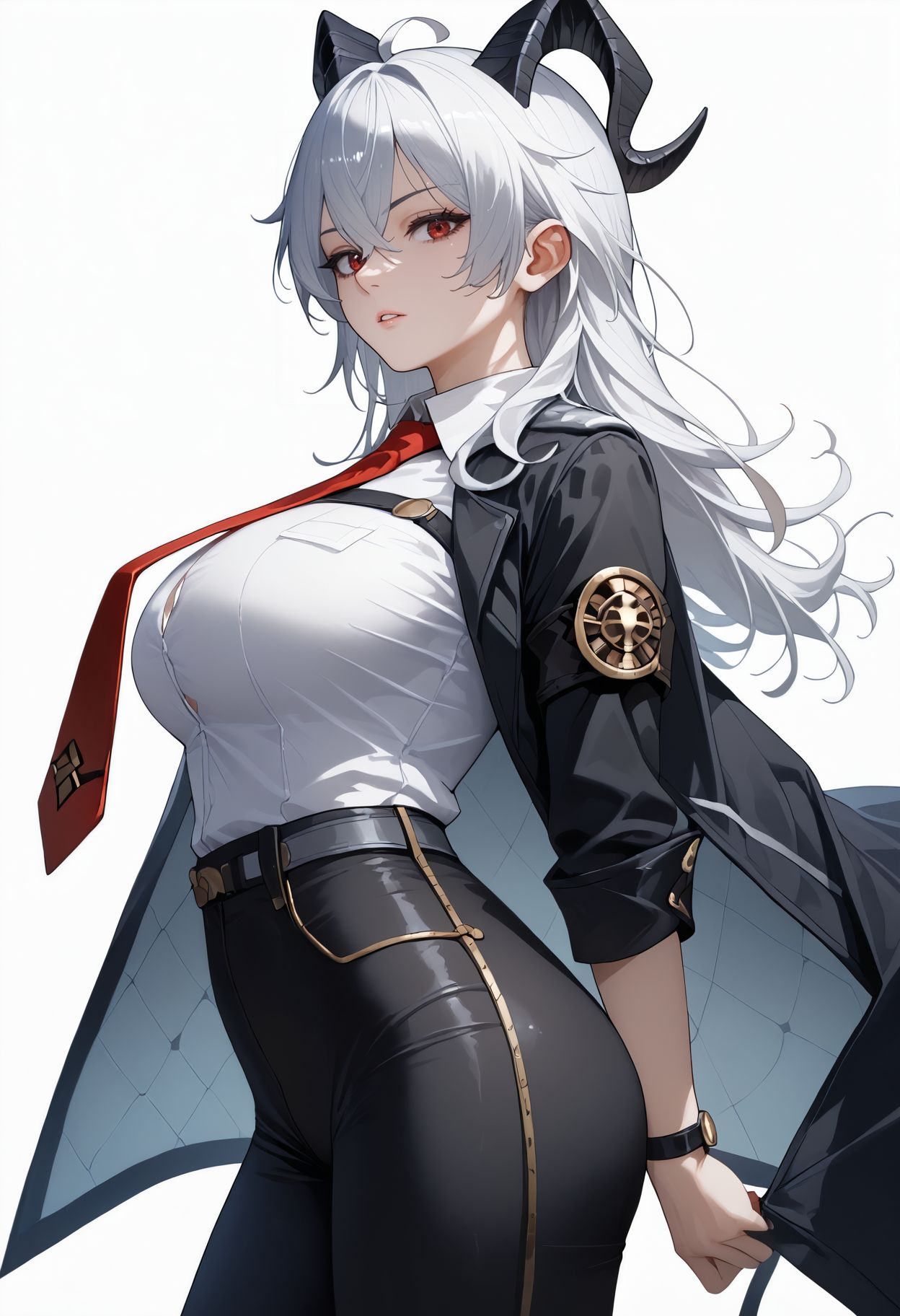 score_9,score_8_up,score_7_up,score_6_up, <lora:zani_wuwa_pdxl_goofy:1> zaniwuwa, 1girl, armband, black armband, black horns, black jacket, black pants, breasts, collared shirt, cowboy shot, curled horns, from side, horns, jacket, jacket on shoulders, large breasts, long hair, looking at viewer, necktie, pants, parted lips, red eyes, red necktie, shirt, simple background, solo,tight clothes, tight pants, white background, white hair, white shirt