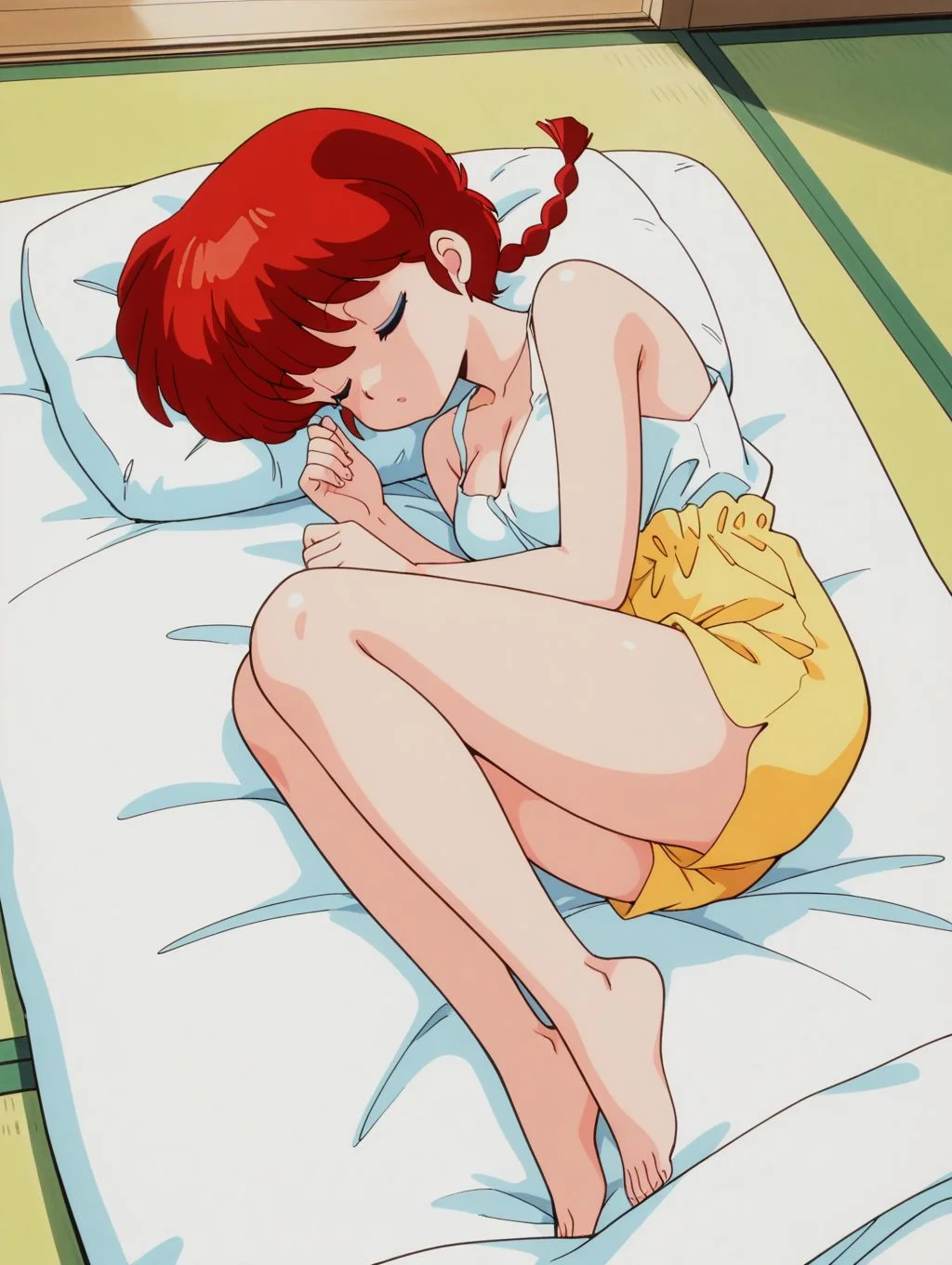 masterpiece, best quality, newest, absurdres, highres, detailed eyes, beautiful, detailed background, perfect eyes, anime coloring, retro artstyle, 1990s \(style\), 1girl, solo, ranma-chan, red hair, long hair, single braid, blue eyes, medium breasts, white rank top, cleavage, yellow boxers, barefeet, (lying, on side, fetal position), (sleeping, closed eyes), open mouth, (indoors, bedroom, on futon, tatami floor),, <lora:r4nm4_c_rnm-08:0.8>