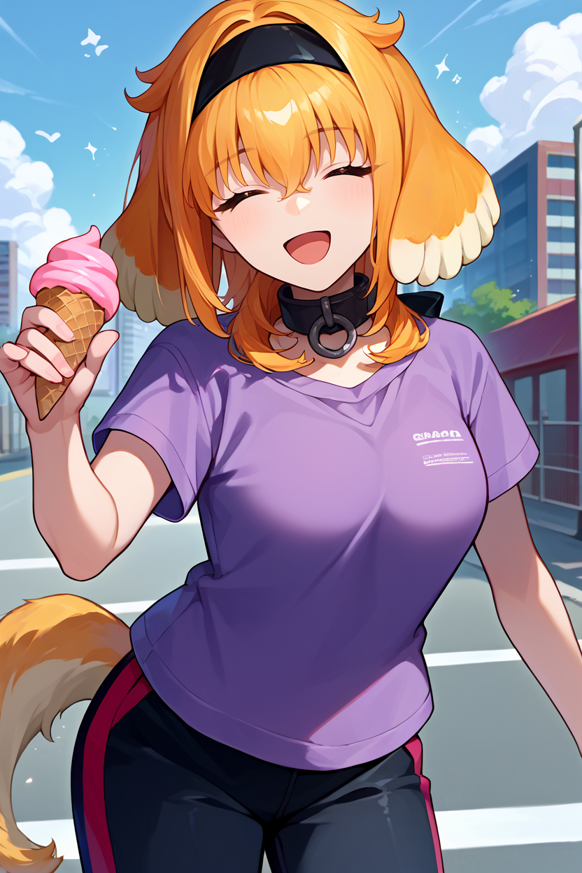 score_9, score_8_up, score_7_up, score_6_up, source_anime, BREAK 1girl, solo,  <lora:haremroxanne-pdxl-nvwls-v1-000005:1> roxanne, multicolored hair, dog ears, black hairband, collar, purple t-shirt, track pants, holding ice cream, city, looking at you, happy, open mouth, closed eyes