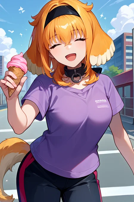 score_9, score_8_up, score_7_up, score_6_up, source_anime, BREAK 1girl, solo,  <lora:haremroxanne-pdxl-nvwls-v1-000005:1> roxanne, multicolored hair, dog ears, black hairband, collar, purple t-shirt, track pants, holding ice cream, city, looking at you, happy, open mouth, closed eyes