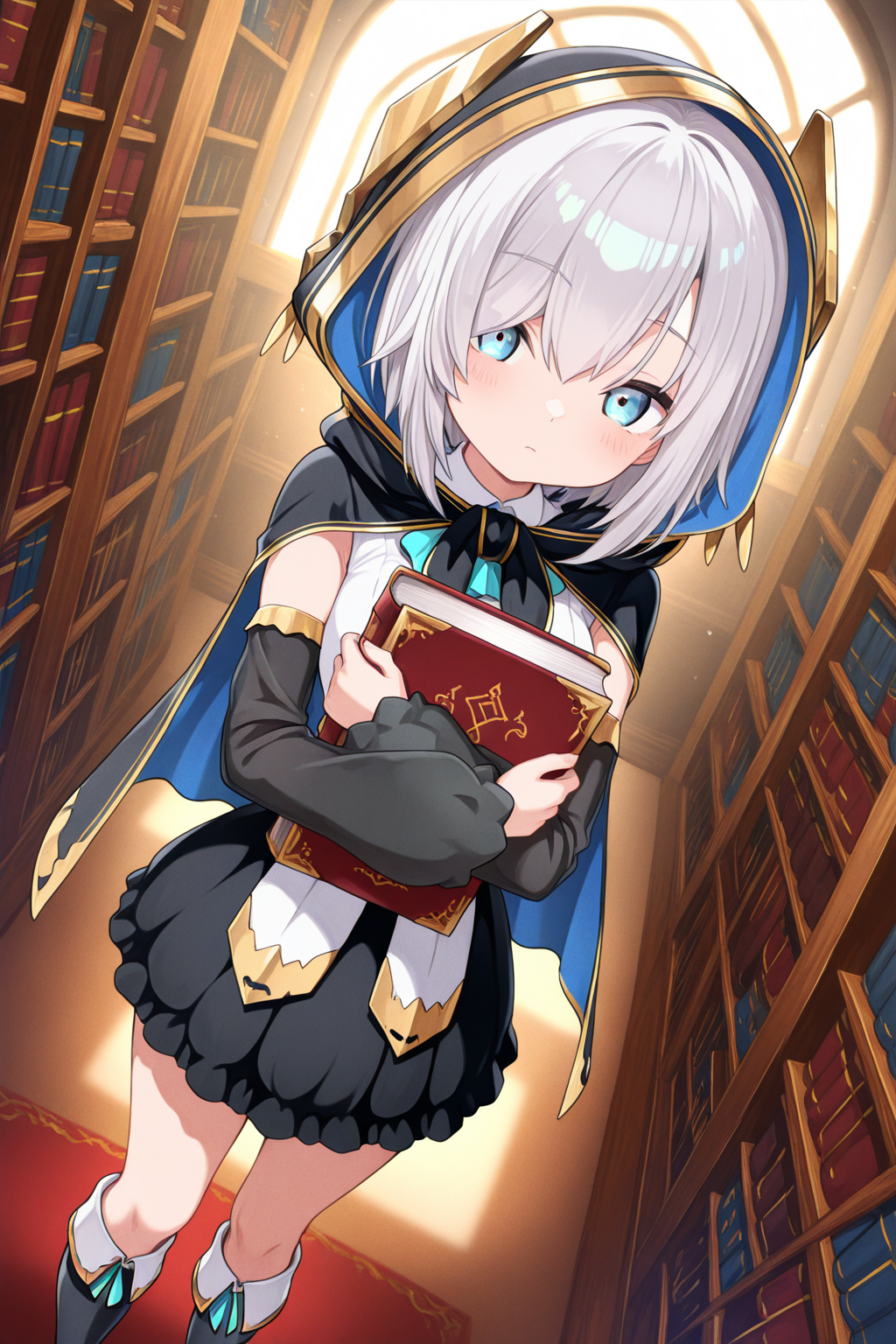 1girl, ArsAlmalNijisanji, 
general, solo, dynamic angle, half body,
short hair, grey hair, blue eyes,
hooded cape, shirts, detached sleeves,
black sleeves, 
black skirt, knee boots,
holding book,
library, fantasy,
<lora:kp_ArsAlmalNijisanji1stCostumeIllustrious_v1_0:1.0>,
masterpiece, best quality, amazing quality