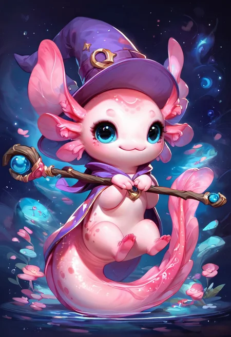 score_9, score_8_up, score_7_up, AxolotlWorldXLP, Expressiveh, very detailed, high quality, solo, 1 cute axolotl girl, feral, pale pink skin, thick tail, wizard hat, magical staff, flowing colorful tail, cosmic colors along tail, abstract colors