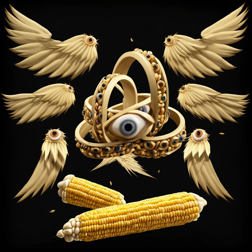 <lora:biblical_angels:1> biblicalangellora, wings, many eyes, rings, wings, dark background,<lora:CornKernelStyle:0.6>corn kernels