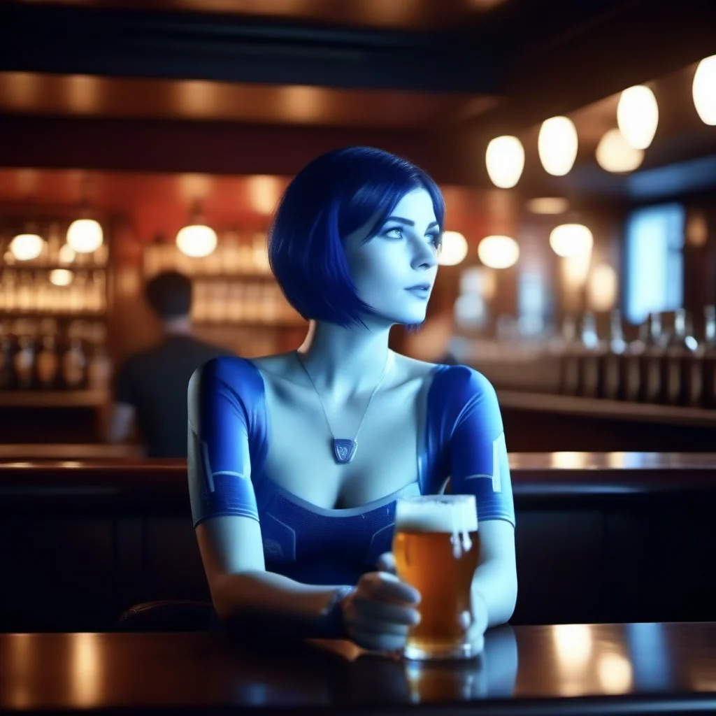 cinematic photo 1girl, short hair, blue skin, science fiction, having a beer in a pub  <lora:Cortana1024:0.8> . 35mm photograph, film, bokeh, professional, 4k, highly detailed